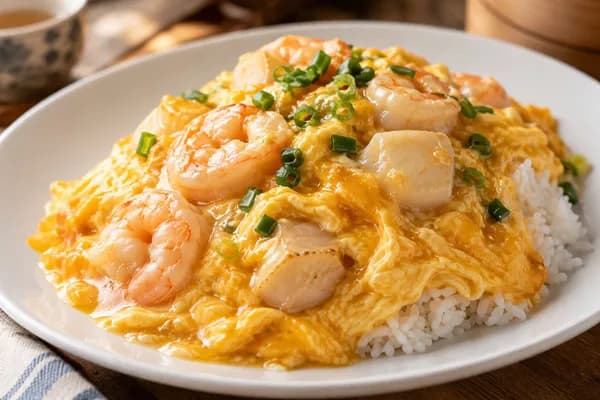 Shrimp, Scallop & Egg Swirl on Steamed Rice
