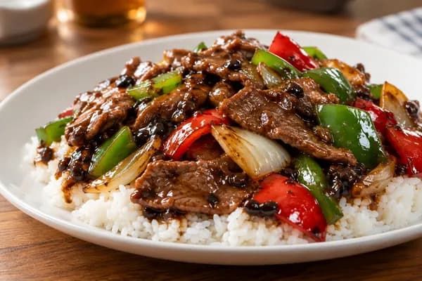 Beef or Chicken with Black Bean Sauce on Rice