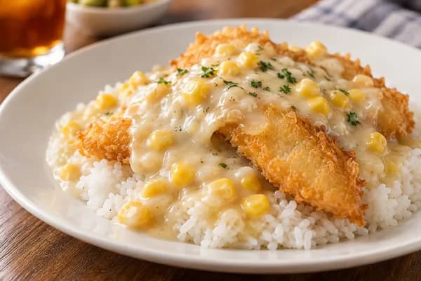 Fish Fillet with Cream Corn Sauce on Rice