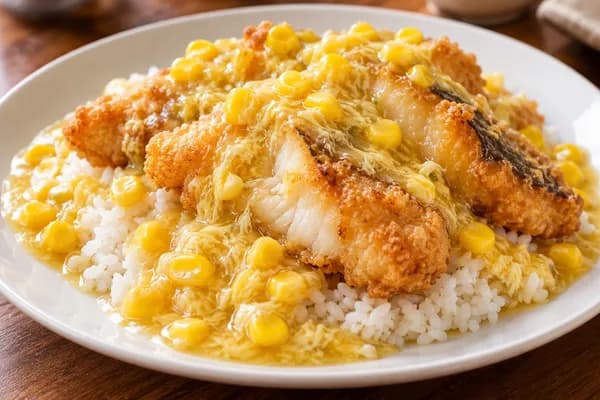 Chinese-Style Fish Fillet with Corn Sauce on Rice