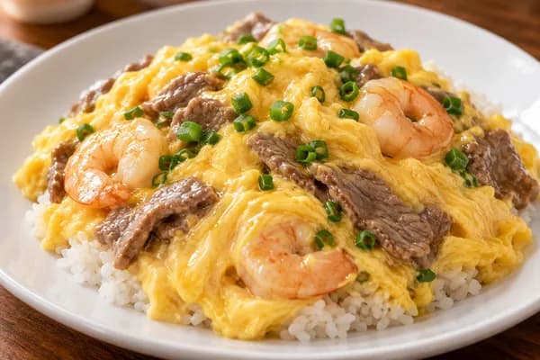 Shrimp, Beef & Egg Swirl on Steamed Rice