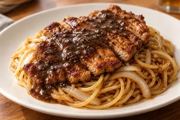 Black Pepper Pork Chop on Fried Spaghetti