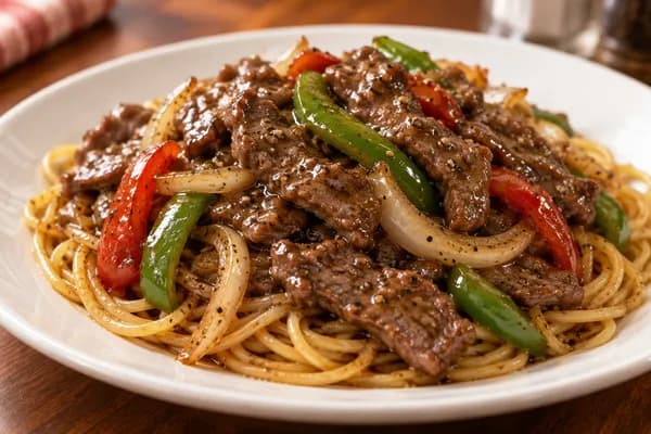 Black Pepper Beef on Fried Spaghetti